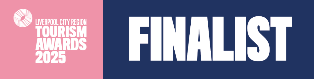 Liverpool City Region Tourism Awards 2025 Finalist logo with pink and navy background.